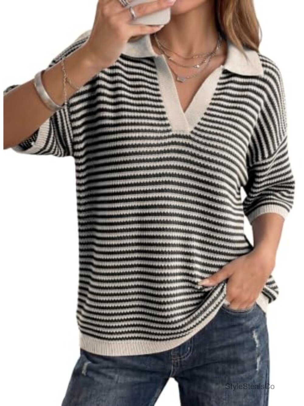 V Neck Striped Half Sleeve Sweater Knit Top Casual Pullover